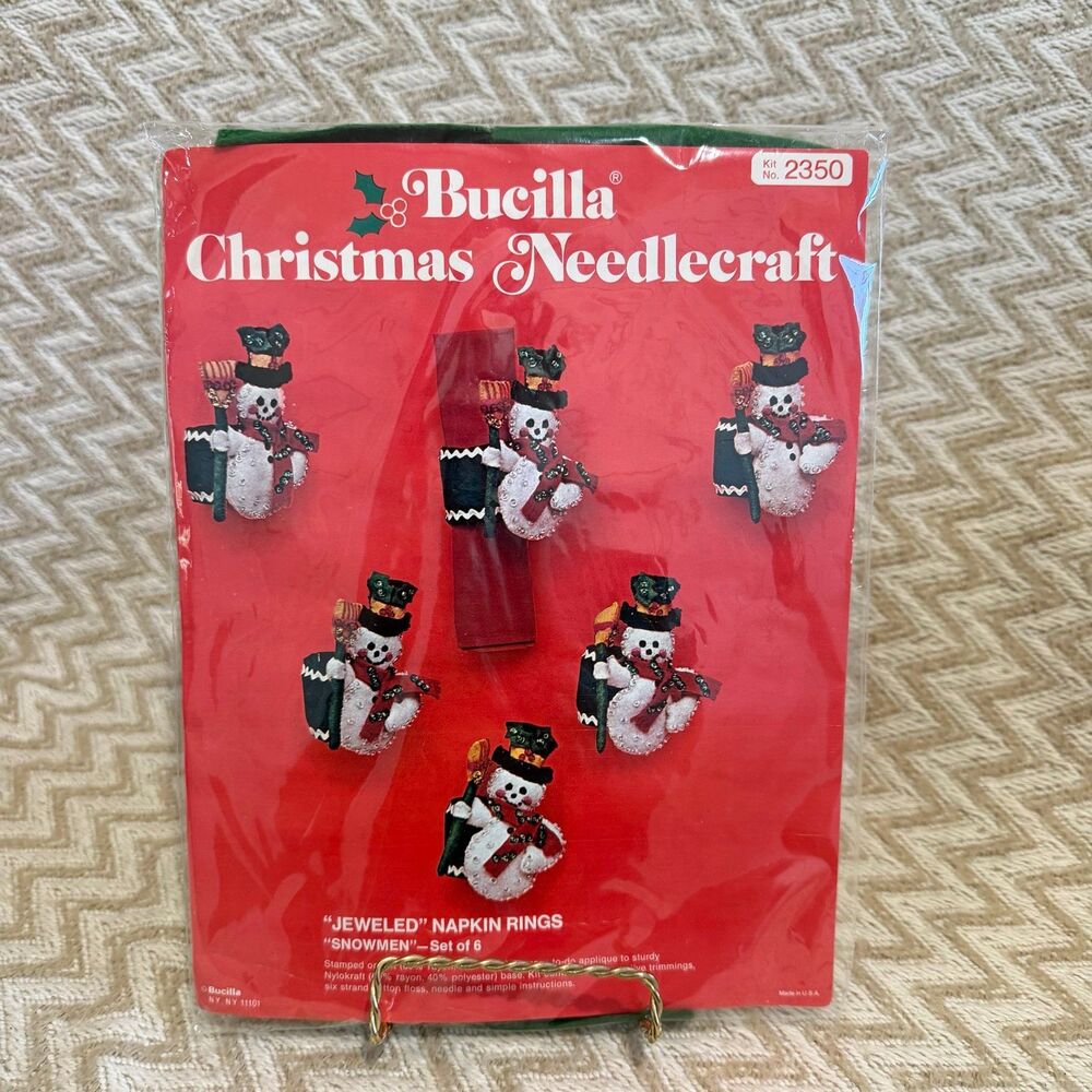 Vintage Bucilla Jeweled SNOWMEN Christmas Napkin Rings Needlecraft Kit #2350